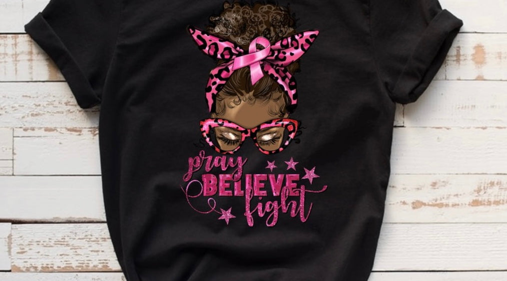 Pray Believe Fight Breast Cancer Short Sleeve T-Shirt